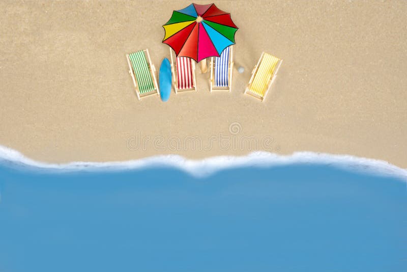 Top view beach chairs and with umbrella