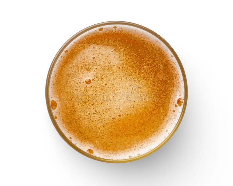 Top view of beer bubbles in glass cup on white background