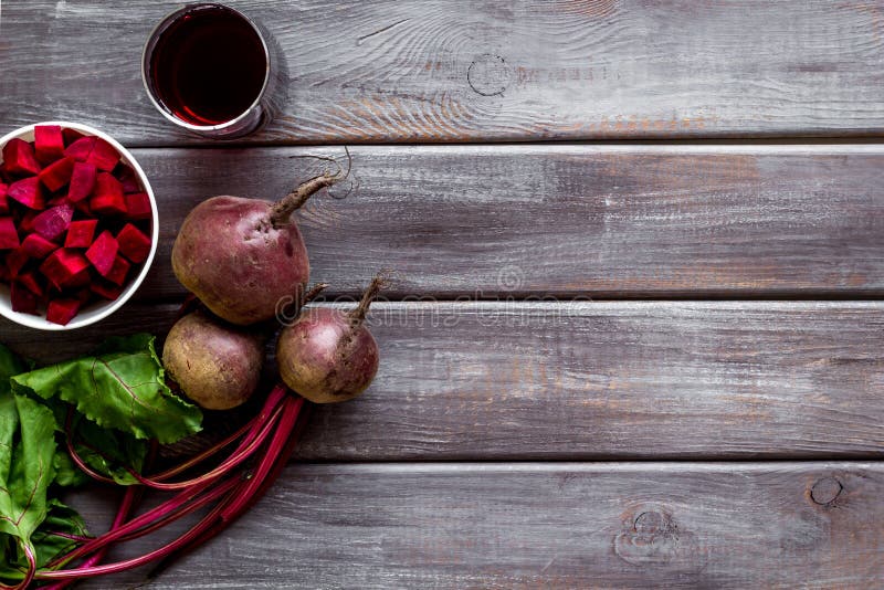Top View of Beet Harvest. Green Tops, Slices, Juice Topdown Space for
