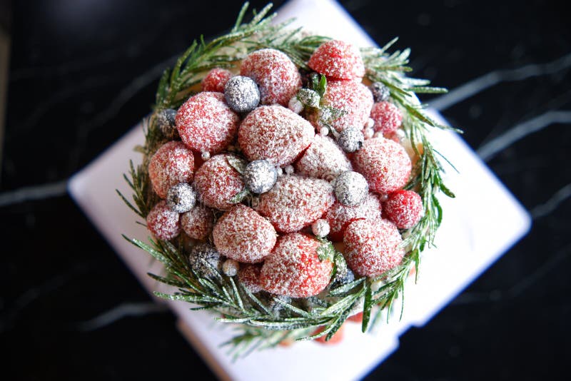 Top view of berries (strawberry and blueberry) cake