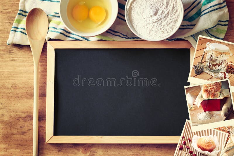 Top view of blackboard and wooden spoon over wooden table and collage of photos with various food and dishes.