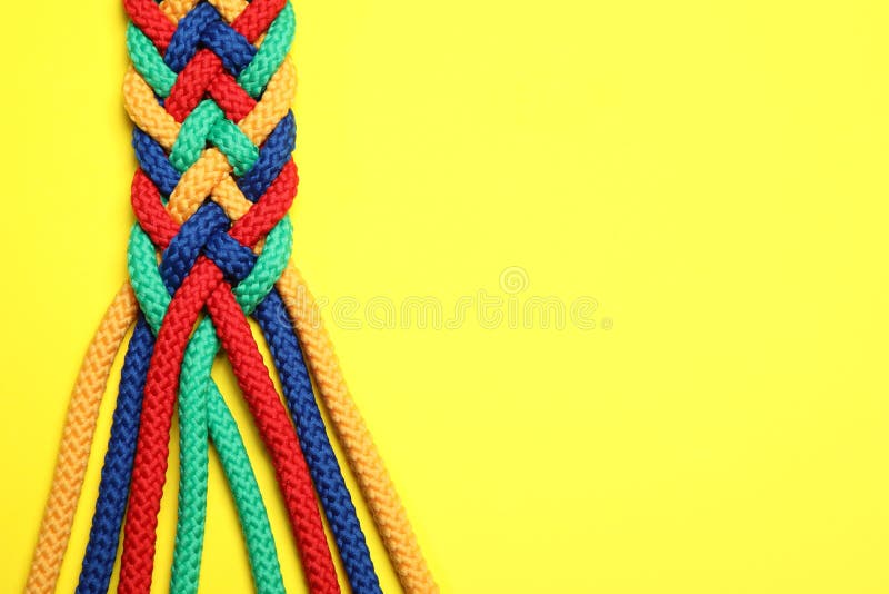 Colorful ropes tied together with knot isolated on white. Unity concept  Stock Photo - Alamy