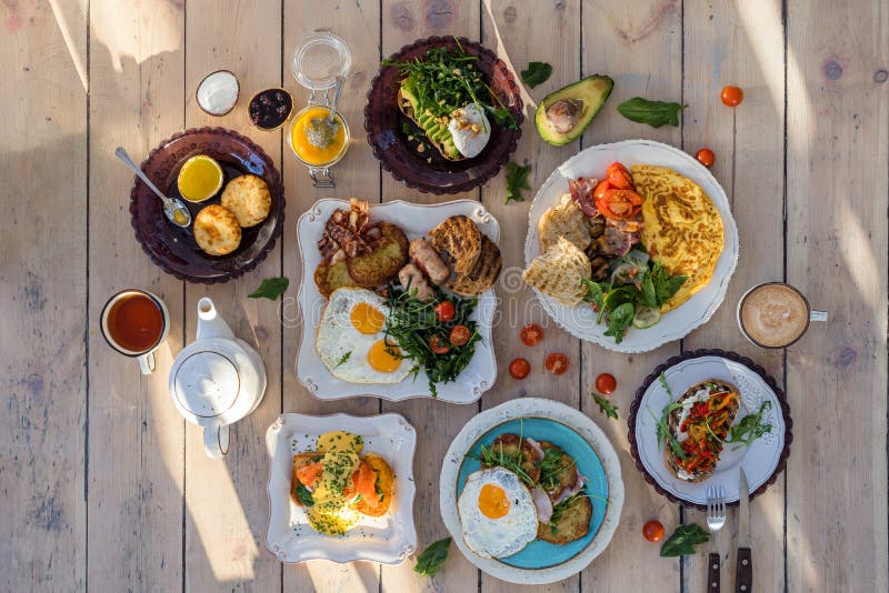 Top View of the Breakfast Table with Various Dishes Stock Photo Image