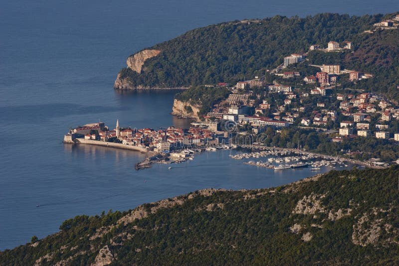 Top view of Budva town stock image