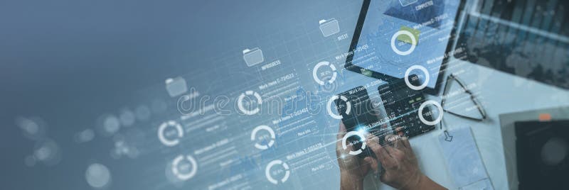 Business developer hand using Kanban board framework on virtual modern computer showing Agile software stock photography