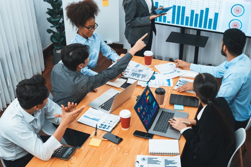 Top view business presentation with data analysis dashboard on TV. Concord royalty free stock photography