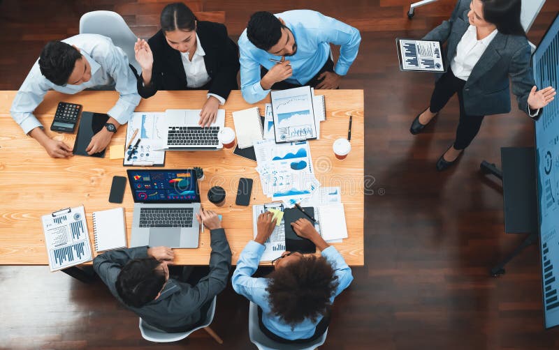 Top view business presentation with data analysis dashboard on TV. Concord royalty free stock images