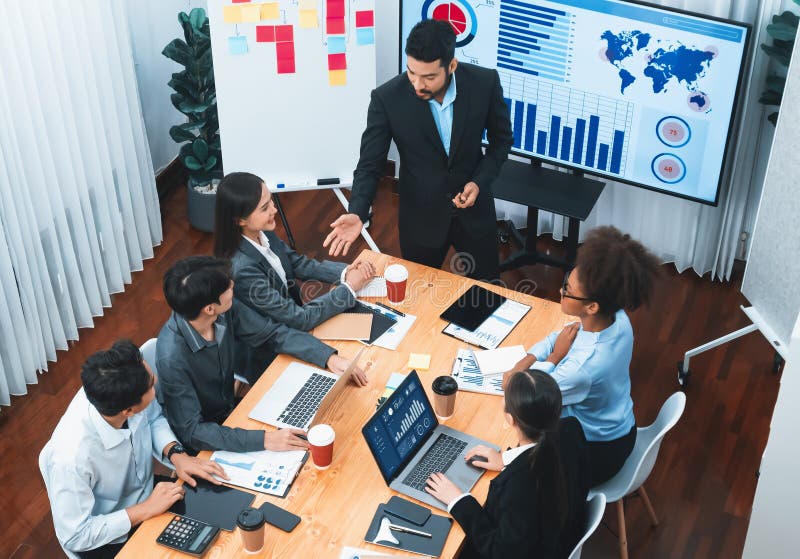 Top view business presentation with data analysis dashboard on TV. Concord stock photos