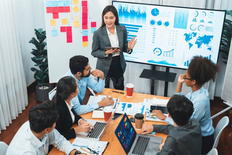 Top view business presentation with data analysis dashboard on TV. Concord royalty free stock photo