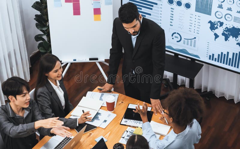 Top view business presentation with data analysis dashboard on TV. Concord royalty free stock photography