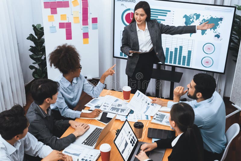 Top view business presentation with data analysis dashboard on TV. Concord royalty free stock photos