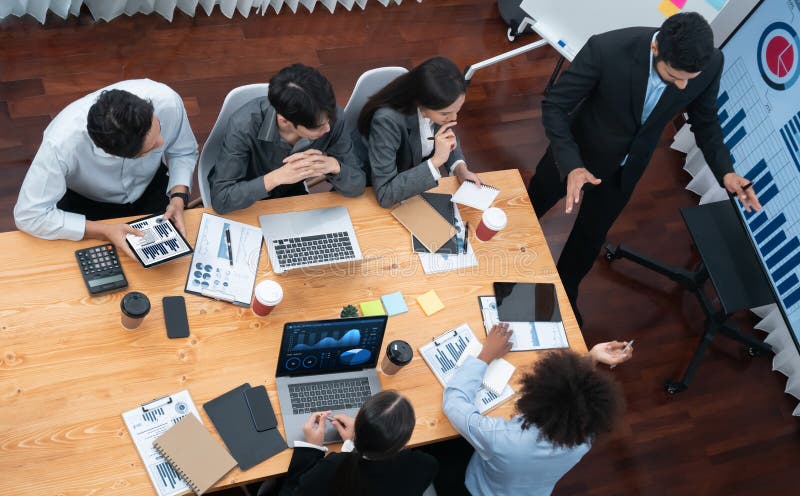 Top view business presentation with data analysis dashboard on TV. Concord stock image