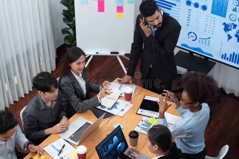 Top view business presentation with data analysis dashboard on TV. Concord royalty free stock photos