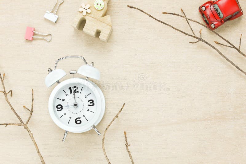 Top view car house rope white clock and tree on wooden. royalty free stock photos