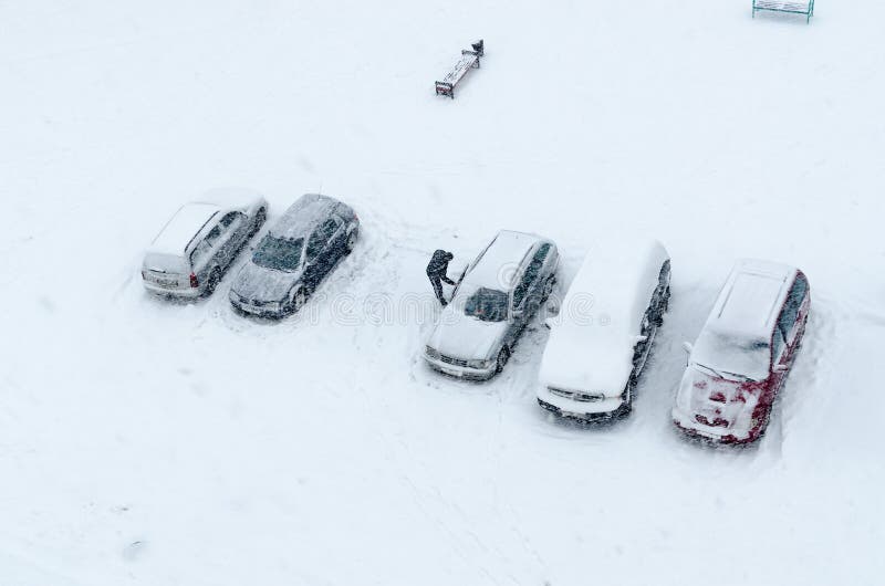 Top View of Cars in Yard during Heavy Snowfall Stock Photo Image of