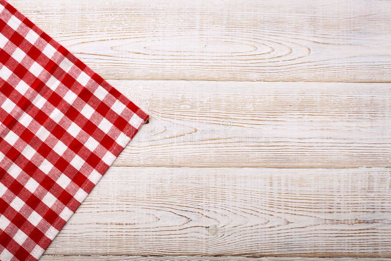 Top View Of Checkered Tablecloth On White Wooden Table