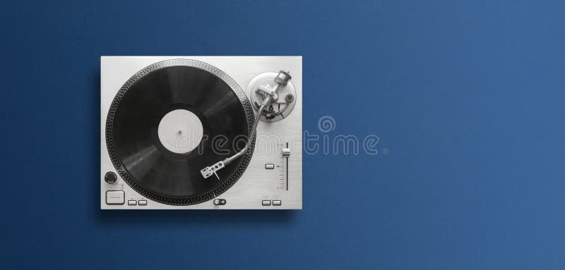 A top view of a classic record player flat lay, simple minimalism concept wit copy space stock photography