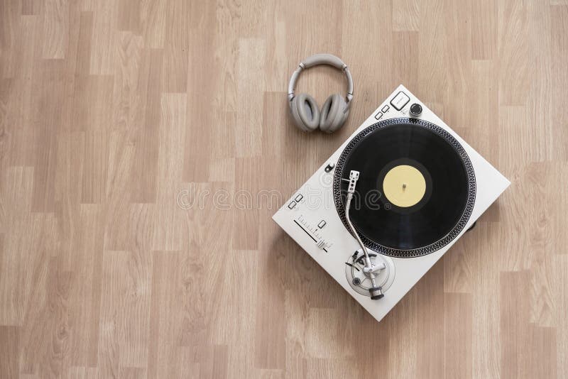 A top view of a classic record player flat lay, simple minimalism concept wit copy space royalty free stock image