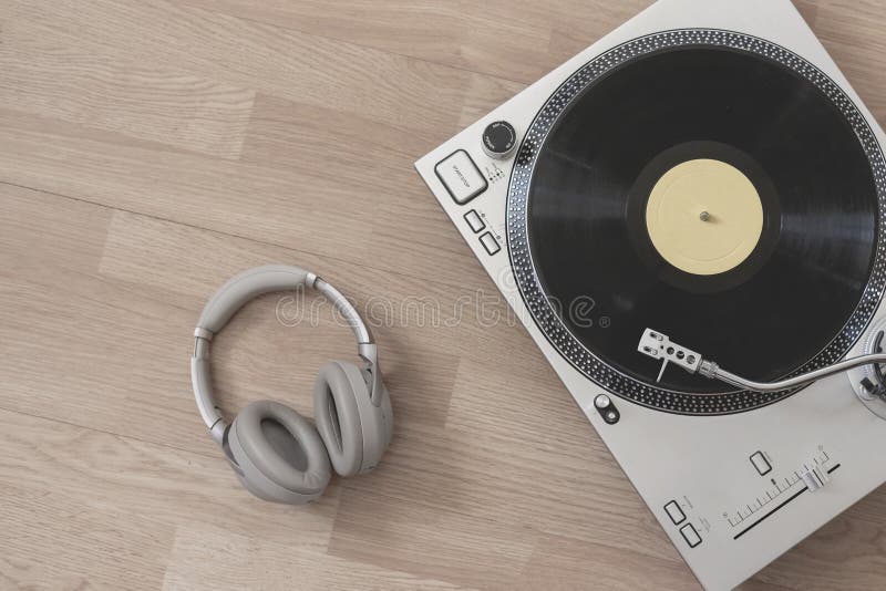 A top view of a classic record player flat lay, simple minimalism concept wit copy space royalty free stock images