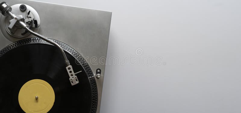 A top view of a classic record player flat lay, simple minimalism concept wit copy space stock image