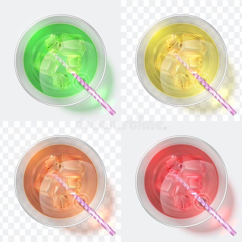 Top view cocktails. Glass with fresh juice and drink with staw. Iced beverage vector set