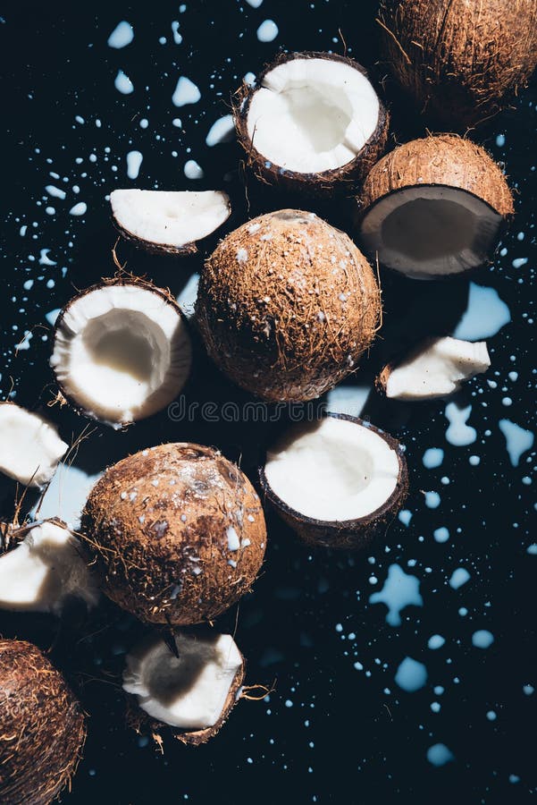 top view of coconuts and fresh tasty coconut milk stock photo