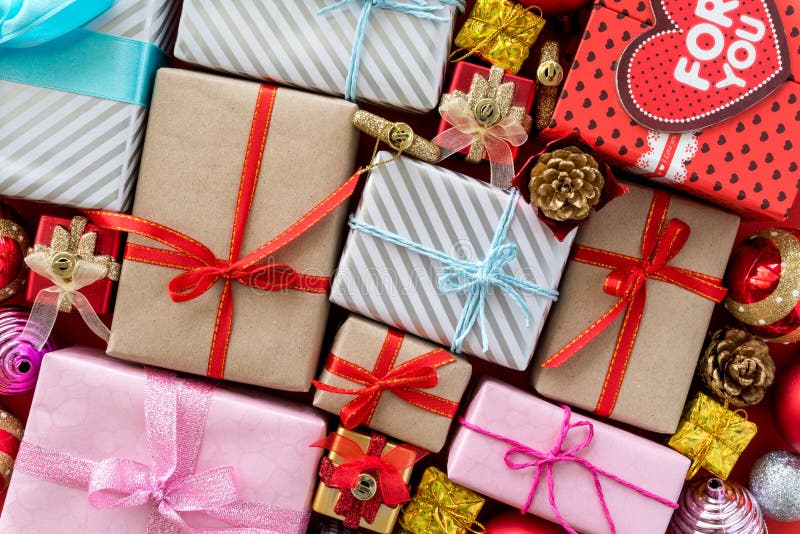 Top view of Colored gift boxes with ribbons.