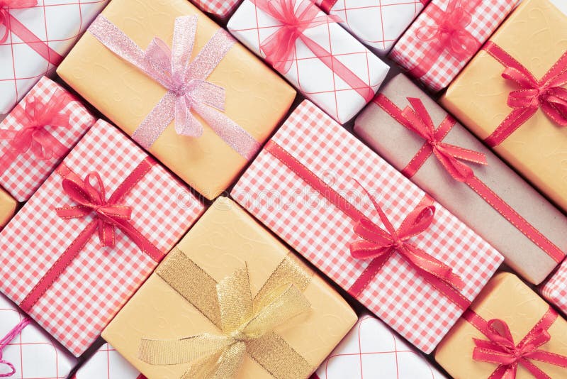 Top view of Colored gift boxes with ribbons.