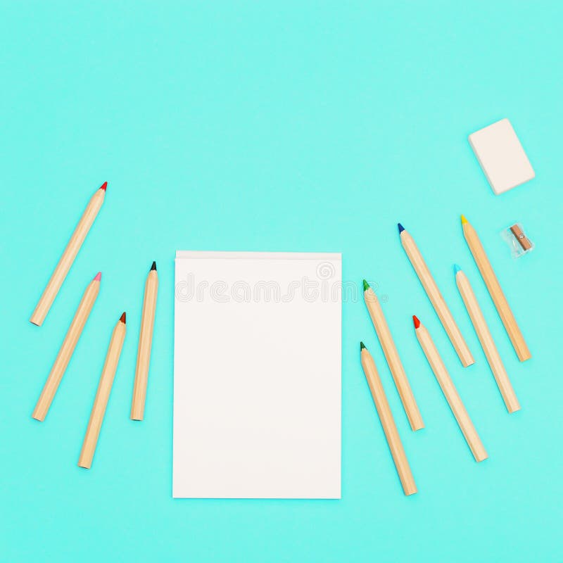 https://thumbs.dreamstime.com/b/top-view-colored-pencils-sketch-pad-creativity-set-wooden-multicolored-sharpener-eraser-design-background-social-media-226296648.jpg
