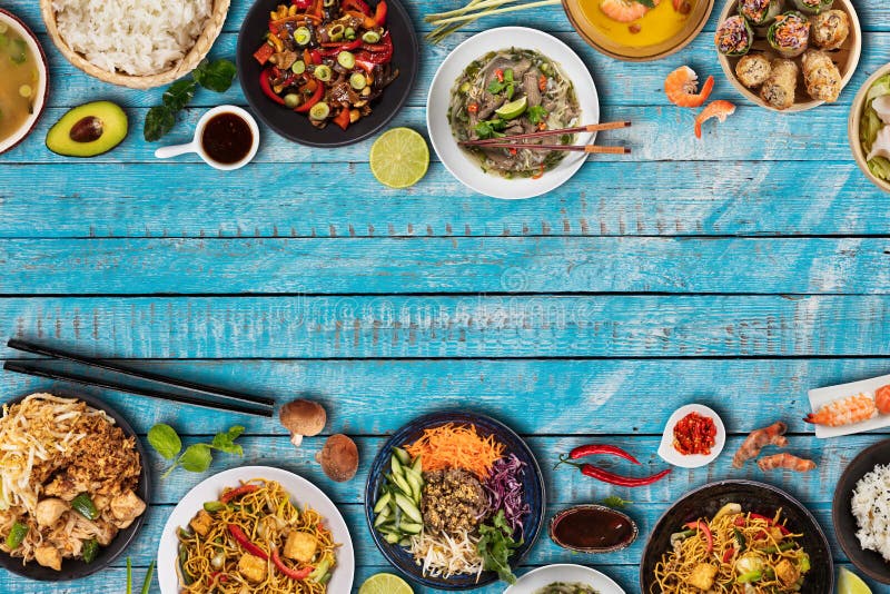 Top View Composition of Various Asian Food in Bowls Stock Photo Image