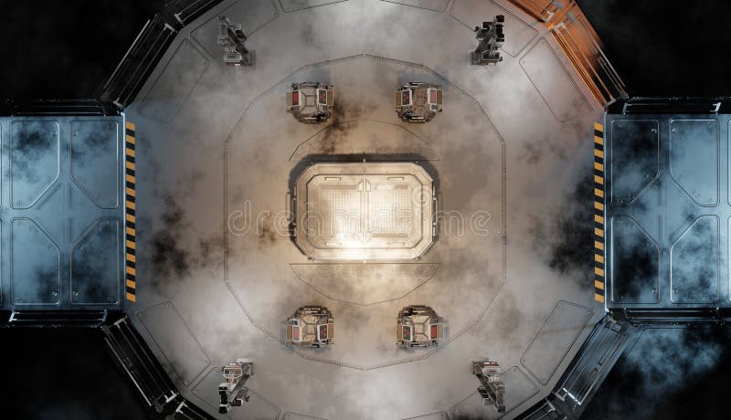 Top view computer center in control room 3d rendering science fiction vector illustration