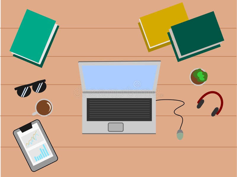 Top view computer and hot coffee cup over desk vector illustration