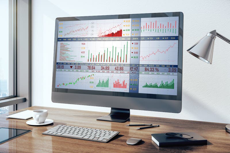 Top view computer monitor with stock chart vector illustration