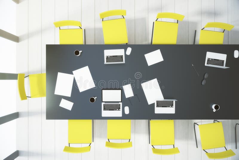 Top view on conference table, chairs and white wooden floor