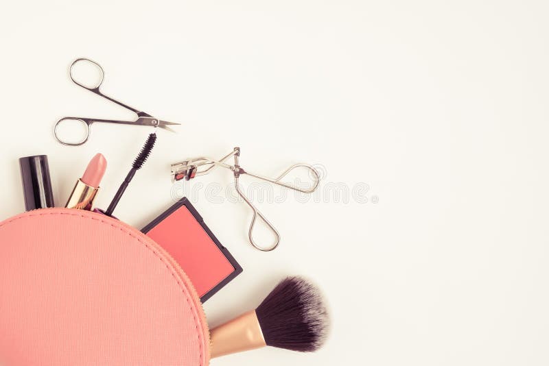 Top view of cosmetic bag with makeup items royalty free stock image Top view of cosmetic bag with makeup items royalty free stock image