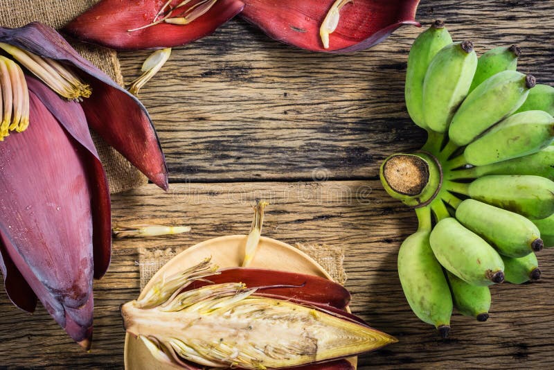 Top view Cultivated banana and banana blossom on the table.