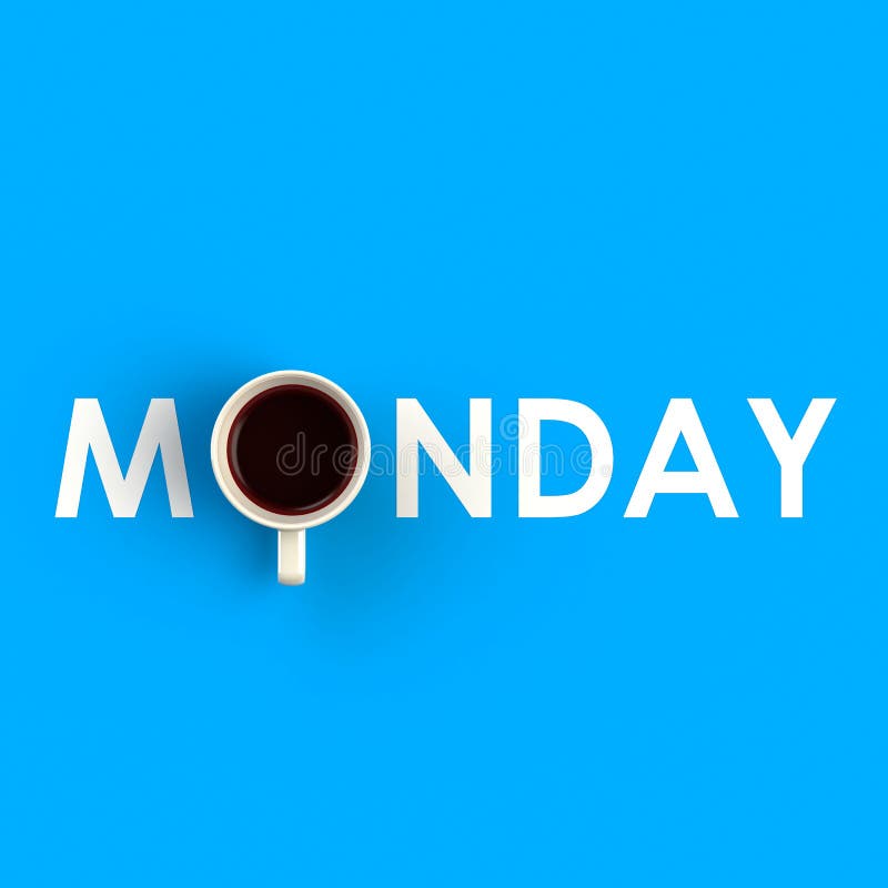 Top view of a cup of coffee in the form of monday isolated on blue background, Coffee concept illustration stock photography Top view of a cup of coffee in the form of monday isolated on blue background, Coffee concept illustration stock photography
