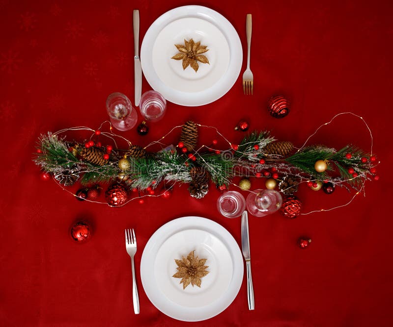 Top View of Decorated Table for Two Persons on Christmas Dinner Stock ...