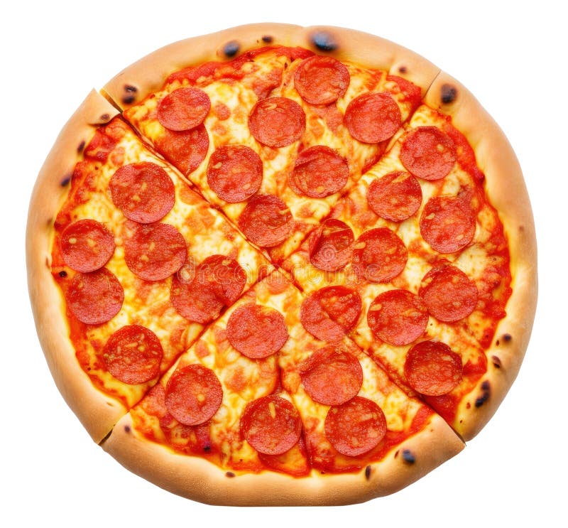Top view of delicious thinly sliced pepperoni pizza and isolated png background