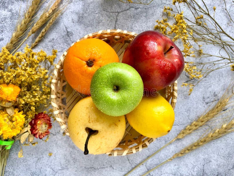 Top View of Different Fruits in Basket Surrounded by Plants Stock Photo
