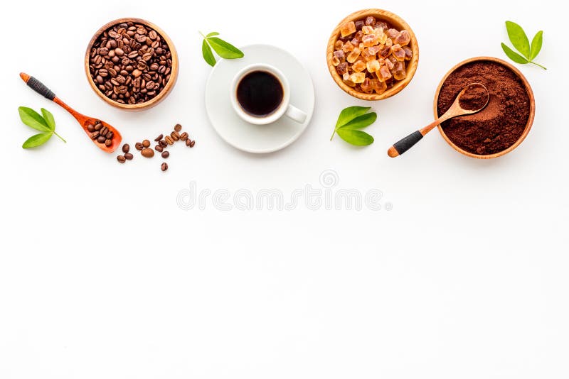 Top View of Diffetent Varieties of Coffee Beans with Hot Drink, Top