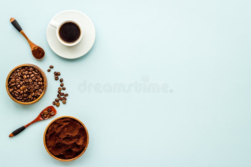 Top View of Diffetent Varieties of Coffee Beans with Hot Drink, Top