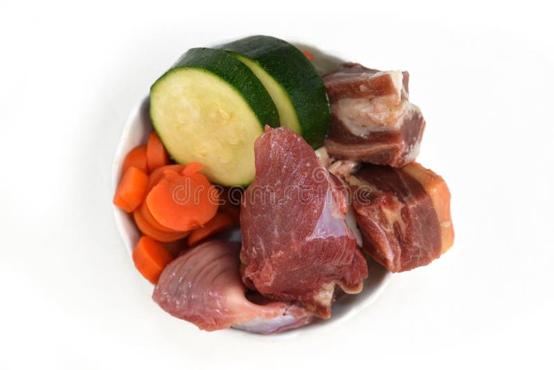 Dog bowl filled with mixture of biologically appropriate raw food containing meat chunks and vegetables royalty free stock images Dog bowl filled with mixture of biologically appropriate raw food containing meat chunks and vegetables royalty free stock images