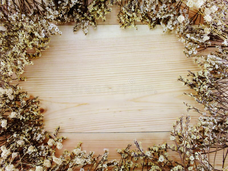 Dry Flowers Frame Top View on Wooden Space Copy Background Stock Photo