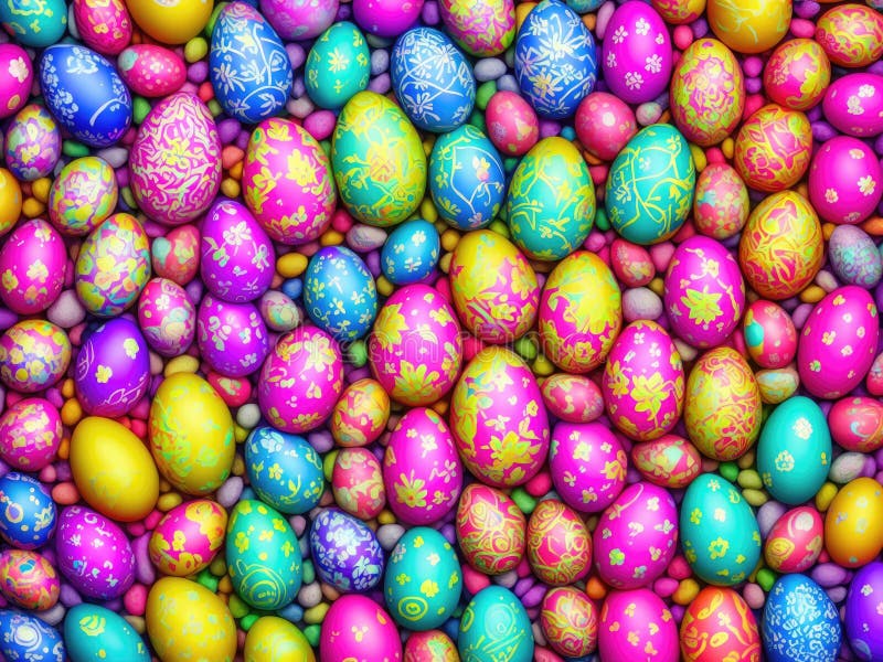 Top View of Easter Composition with Trendy Colorful Eggs with Small Chocolate Candies. Happy