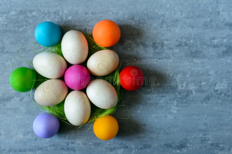 Top View of Easter Eggs in a Basket on Concrete Background Stock Photo