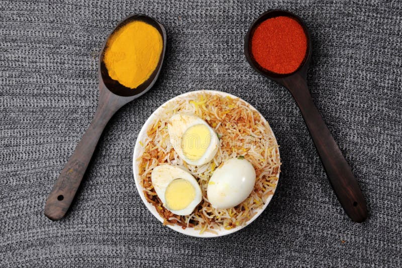 Top View of Egg Biryani Aromatic Rice Dish with Basmati Rice Stock