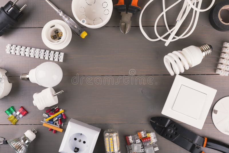 Electrical Tools And Equipment On Wooden Background With Copy Sp Stock Image Image of cable