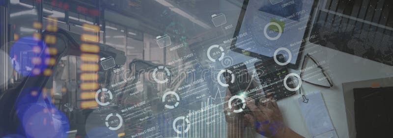 Engineer manager analyzing and control automation robot arms machine on software modern virtual interface data real time vector illustration