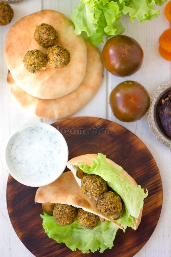 Top View of Falafel with Vegetables and Pita Bread Stock Photo Image